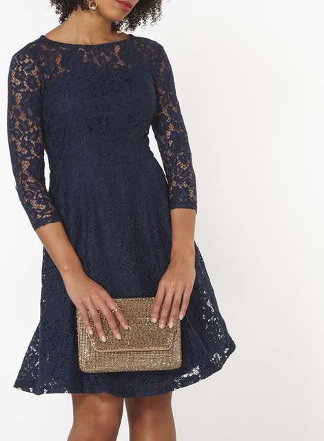 Navy Long Sleeve Fit and Flare Dress